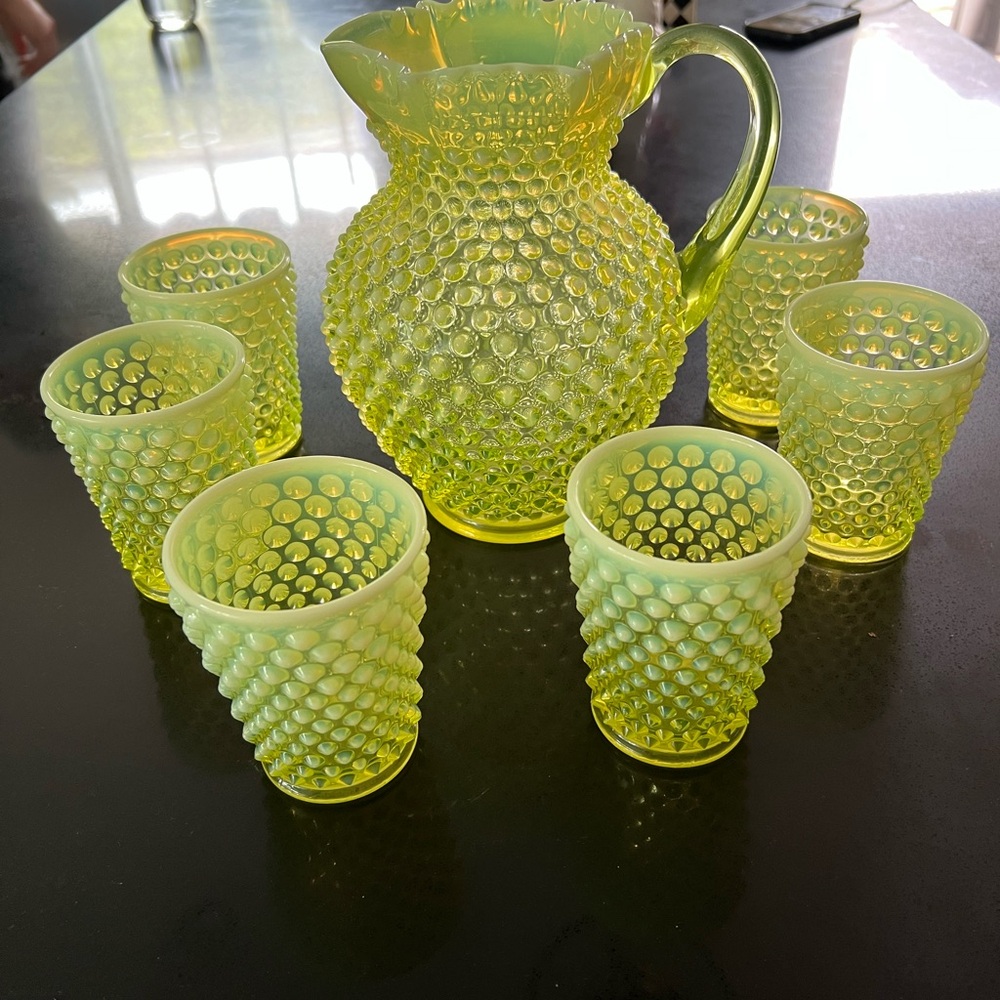 Fenton Mid-century Hobnail Yellow Glass Pitcher and Tumbler Set-